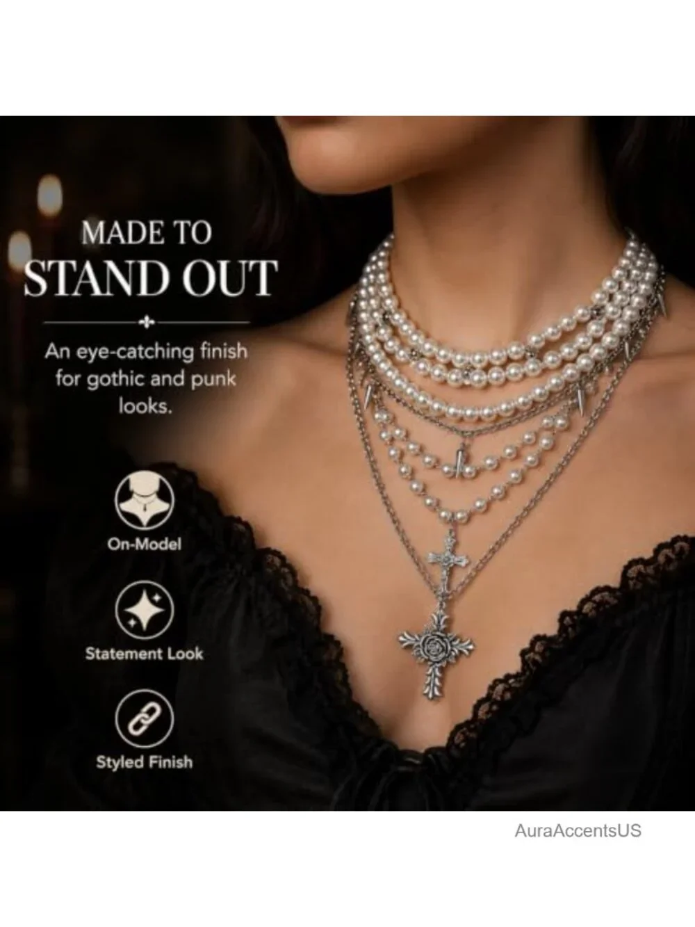 Layered Pearl Necklace Women Gothic Cross Pendant Punk Alternative Statement